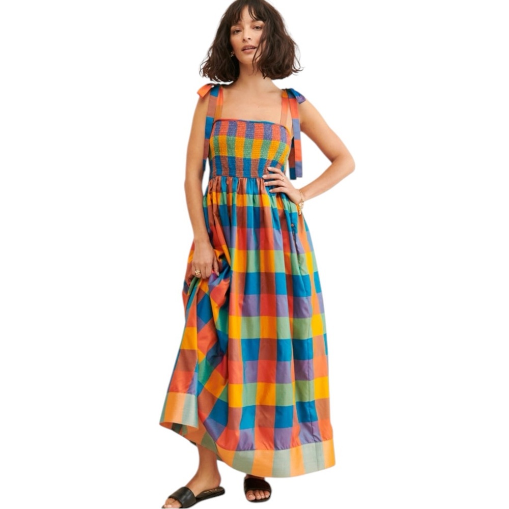 Anthropologie Payal Jain Smocked Bodice Maxi Dress Colorful Gingham Print S
